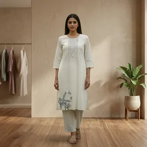 Cotton Embroidered Kurta With Three Quarter Sleeves Crew Neck Loose Fit Casual Daily Wear - Product Image 2