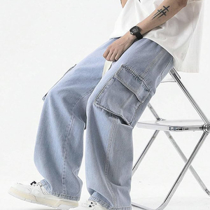 Top Selling Fabric Fashionable Custom <b>Light</b> Wash Cargo Jeans Men Wide Leg Denim Pants Multi Pocket Streetwear Durable Outerwear - Product Image 5