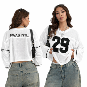 Camiseta de punto de diseño personalizado a la moda para mujer, jersey de fútbol americano B2B con estampado de números a rayas, jersey oversize de punto. - Product Image 1