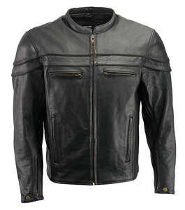 <b>Men's</b> Genuine Leather Motorcycle <b>Jacket</b> Black Cafe <b>Racer</b> Biker <b>Jacket</b> with Stand Collar Front Zipper Closure Quilted Shoulder - Product Image 1