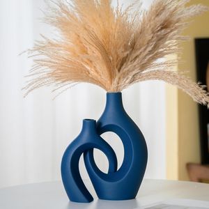 Juego de 2 Jarrones Decorativos de Cerámica Estilo Boho Nórdico Moderno, 11 Pulgadas, Jarrones Huecos Estéticos para Flores, Cerámica y Porcelana para el Hogar - Product Image 1