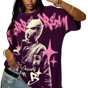 T-shirt personnalisé à imprimé graphique violet, motif masqué, en coton épais, pour homme, style streetwear Y2K, coupe oversize, vente en gros - Product Image 5