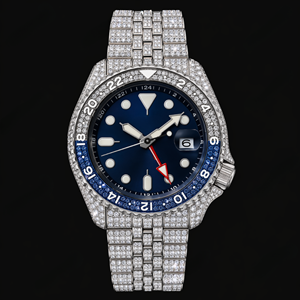 Reloj de lujo con bisel de diamantes azules y pulsera de acero inoxidable plateado, reloj de moda para hombre - Product Image 1