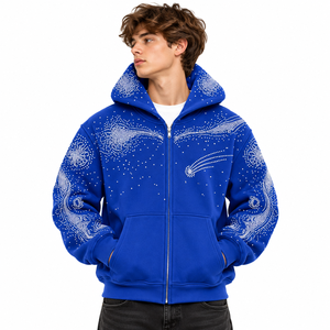 Sweat-shirt à capuche zippé pour homme, bleu royal, motif strass, streetwear premium orné de strass - Product Image 1