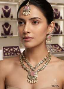 Conjunto de collar de perlas Kundan chapado en oro antiguo tradicional con aretes de piedra rubí, conjunto de joyería para novias, bodas y fiestas para mujer. - Product Image 4