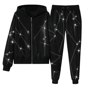 Rhinestone Sparkle <b>Tracksuit</b> Set Women Zip Up Hoodie and Jogger Pants Luxury Shiny Streetwear Two Piece Outfit - Product Image 1