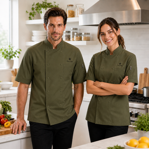 Chaqueta de chef con logotipo bordado personalizado, corte regular, manga corta, uniforme de cocinero - Product Image 1