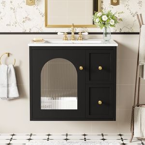 Mobile Bagno Sospeso da 24 Pollici per Spazi Ridotti con Lavabo in Ceramica, 2 Cassetti e 1 Anta con Chiusura Ammortizzata - Product Image 1