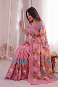 Sari en coton brodé de fleurs roses avec bordure en dentelle, tenue traditionnelle indienne pour femmes, toutes saisons - Product Image 3