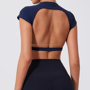 Crew Neck Crop Top Short Sleeve Solid <b>Colour</b> Spandex Polyester Yoga Wear for Women Breathable Four-Way Stretch - Product Image 6