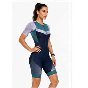 Combinaison de triathlon pour femme, bleu marine, motif géométrique violet, manches courtes, sans couture, respirante, compression ajustée, réversible - Product Image 6