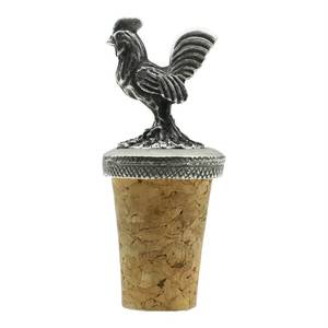 Bouchon de bouteille de vin en laiton, motif coq, finition argent antique, avec bouchon en liège naturel réutilisable, technique de moulage à la main, articles cadeaux pour bar - Product Image 1