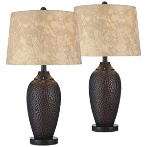 Elegant design Hammered Bronze <b>Table</b> Lamp Set of 2 Luxury Textured Metal Base Faux Leather Shade Elegant <b>Bedside</b> Nightstand - Product Image 3