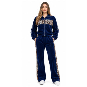 Ensemble de survêtement pour femme bleu marine à imprimé léopard, manches longues, fermeture éclair sur le devant, coupe décontractée, tenue d'automne, sweat-shirt et pantalon - Product Image 5