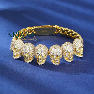 Men's Gold Plated 925 <b>Silver</b> Moissanite Skull <b>Cuff</b> <b>Bracelet</b> Hiphop Style Everyday Wear Cuban Link - Product Image 2