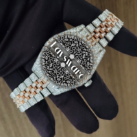 Montre de luxe en acier inoxydable bicolore or rose glacé, chiffres romains, mouvement mécanique, pavé complet de diamants, verre analogique, breloque mode
