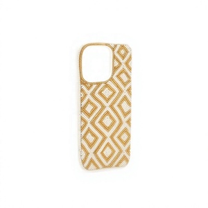 Étui de téléphone en coton brodé à la main avec des perles de verre, motif floral blanc et or, design rectangulaire, couleur et taille personnalisables - Product Image 1