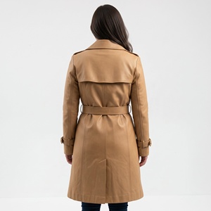 <b>Women</b> Tan Color Genuine <b>Leather</b> <b>Long</b> Coat belted Waist Button Closure sample & Customization Available - Product Image 2