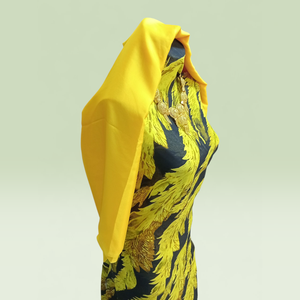 Black German Swiss Dirac with Yellow Leaf Print & Yellow <b>Shawl</b> | Luxury Somali Dress for <b>Wedding</b> & Eid - Product Image 2