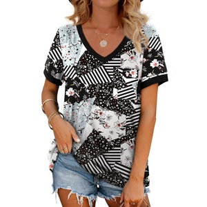 T-shirt décontracté d'été pour femme, col en V, imprimé graphique, en coton doux, respirant, écologique, à manches courtes, exporté du Bangladesh - Product Image 1
