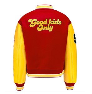 เสื้อแจ็คเก็ตวาร์ซิตี้ A Few Good Kids สีแดงเหลือง ปักตัวอักษร A สไตล์พรีปปี้ เสื้อผ้าผู้ชายสำหรับฤดูใบไม้ร่วง ปกคอพับ - Product Image 4