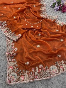 Sari Premium Reglance Designer Fendy en satin brodé avec cordonnet de sequins et bordure à la main, infroissable et à séchage rapide - Product Image 5