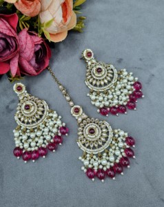 Handcrafted Round Stone Heavy Choker Necklace With Earrings And Mangtika Traditional Ethnic Designer Fashion <b>Jewellery</b> Wholesale - Product Image 4