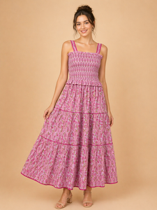 Vestido Maxi Rosa de Algodón Indio Estampado a Mano, Hecho a Medida para Damas, Diseño Floral, Silueta en A, Lavable - Product Image 4