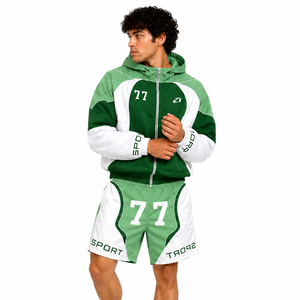 Conjuntos de cortavientos de nailon con paneles en contraste personalizados a la moda, chaquetas y pantalones cortos de poliéster para hombre, resistentes al viento, de dos piezas, con capucha. - Product Image 5