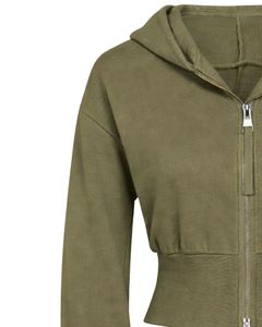 Womens Olive Green <b>Cropped</b> <b>Zip</b> <b>Up</b> Hoodie Slim Fit Long Sleeve Casual Streetwear Cotton Fleece Sweatshirt Custom Logo ODM Factory - Product Image 3