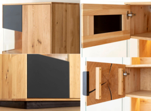 Modern Eco-friendly Solid Wood Living Room Cabinet Geometric Cutouts Glass Panels Storage Display Unit 4 Compartments <b>Slab</b> Door - Product Image 5