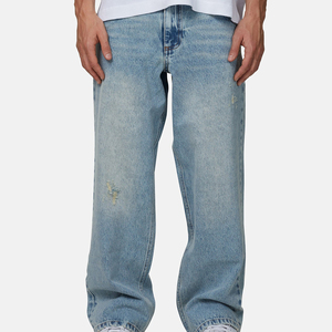 Men's Straight Leg Distressed Denim Jeans Mid Wash Loose Fit Cotton Casual Spring Style Ripped Detail - Product Image 5
