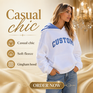 Sudadera blanca personalizada para mujer con estampado de cuadros azules, letras y bolsillo frontal, ropa informal de otoño - Product Image 6