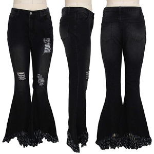 Jean évasé taille haute pour femme grande taille, bleu foncé, déchiré, effet usé, ourlet effiloché, coupe skinny, longueur complète, style décontracté, fermeture boutonnée - Product Image 4