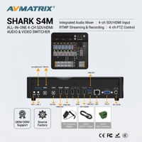 AVMATRIX SHARK S4M : Commutateur vidéo SDI HDMI 4 canaux tout-en-un et mixeur audio 8 canaux, streaming SRT RTMP, enregistrement pour production en direct