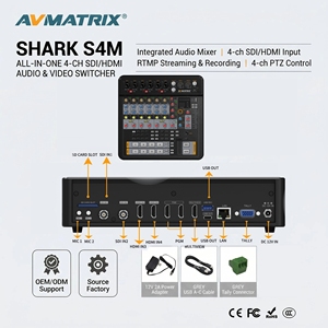 AVMATRIX SHARK S4M : Commutateur vidéo SDI HDMI 4 canaux tout-en-un et mixeur audio 8 canaux, streaming SRT RTMP, enregistrement pour production en direct - Product Image 1