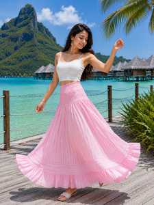 Stylish Pink Striped Bohemian 100% Cotton <b>Long</b> Maxi <b>Skirt</b> with White Crop Top Co-ord Set | Trendy Women <b>Summer</b> Resort Wear - Product Image 1