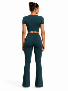Dark <b>Green</b> 2-Piece Yoga Set Crew Neck Crop Top High-Waist Full-Length <b>Leggings</b> Seamless Solid Stretch Fabric Breathable Quick - Product Image 3