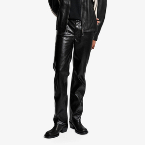 Customized Top Design High Quality <b>Men</b> Leather Pants Custom Made Genuine Lambskin Leather Canvas Straight Mid Button Fly - Product Image 4