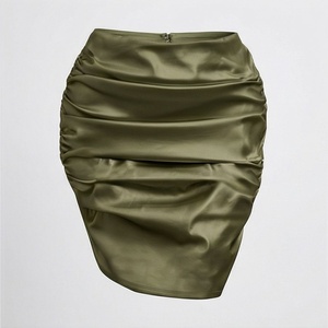 Minifalda de satén verde oliva para mujer, con fruncido, cintura regular, elegante, color liso, para todas las estaciones - Product Image 1