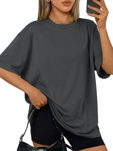 T-shirt à manches courtes gris foncé surdimensionné, col rond, coupe ample, couleur unie, en coton tricoté respirant, style printemps-été - Product Image 2