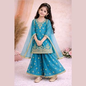 Conjunto de Salwar Kameez de Georgette Bordado para Niñas con Dupatta de Red de Mantequilla, Completamente Cosido, Ropa Infantil, Fabricante: Royal Export - Product Image 6