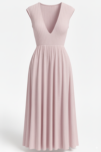 Robe midi élégante pour femmes, en tricot côtelé, col rond, manches courtes, coupe droite, simple, respirante, pour tous les jours, robe d'été, marque privée - Product Image 3