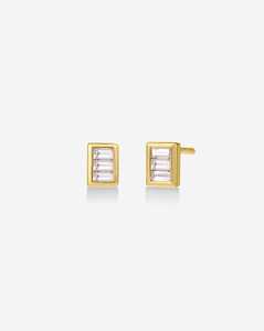 Boucles d'oreilles minimalistes en or massif 14K 18K avec 3 pierres serties en canal, diamants de laboratoire taille baguette, prix d'usine - Product Image 1