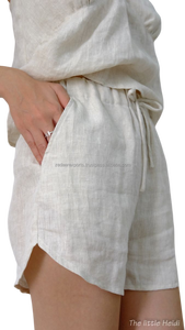 Short en lin kaki pour femme avec ceinture élastique avec cordon de serrage et ourlet roulé Style d'été décontracté respirant avec poches latérales - Product Image 2