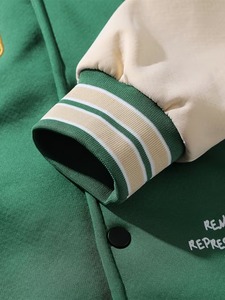100% Cotton Hooded High Street Varsity <b>Jacket</b> Men Green Brown for Color Blocking Embroidered Patch Design Sherpa <b>Lining</b> Front - Product Image 4