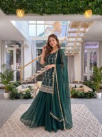 Ensemble Kurti, Dupatta et Palazzo brodé avec sequins et travail Zari, bordure en dentelle perlée, robe ethnique indienne pour fêtes et mariages