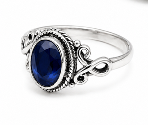 Anillo de Plata con Zafiro Azul, Anillo de Zafiro Ovalado, Anillo de Plata de Ley con Piedra Preciosa, Joyería Hecha a Mano para Nacidos en Septiembre, Elegante Azul - Product Image 1