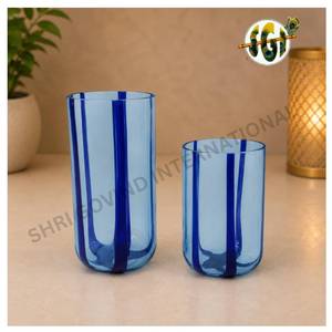 Bol en verre artisanal rayé bleu, décoration d'intérieur, réutilisable, résistant à la chaleur, pour Noël, Pâques, la Saint-Valentin, pot à bougie Shri - Product Image 1
