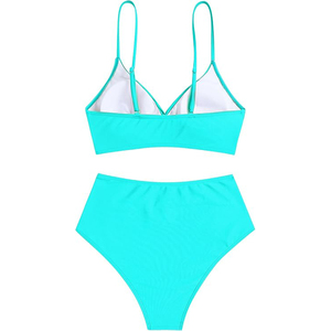 Women's Turquoise Bikini Set <b>Crossed</b> Halter <b>Top</b> High Waist Bottom Solid Color Swimwear Two Piece Stretch Beachwear - Product Image 4